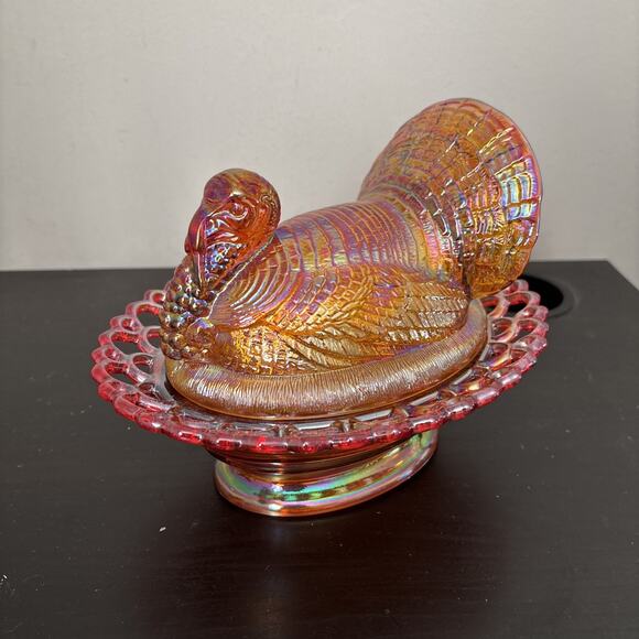 Mosser Glass USA MARIGOLD CARNIVAL Turkey on Nest Lace Edge THANKSGIVING Holiday - Picture 1 of 14